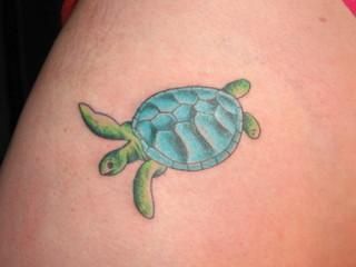 Blue And Green Ink Baby Turtle Tattoo