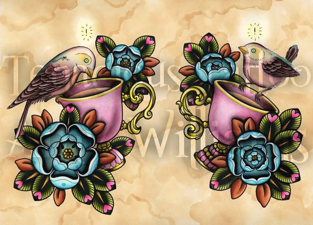 Blue Flowers And Teacup Tattoos Designs