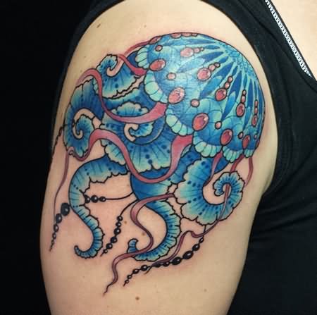 Blue Jellyfish Tattoo On Right Shoulder