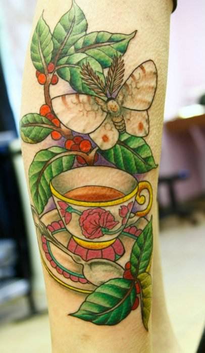 Butterfly And Teacup Tattoo On Arm