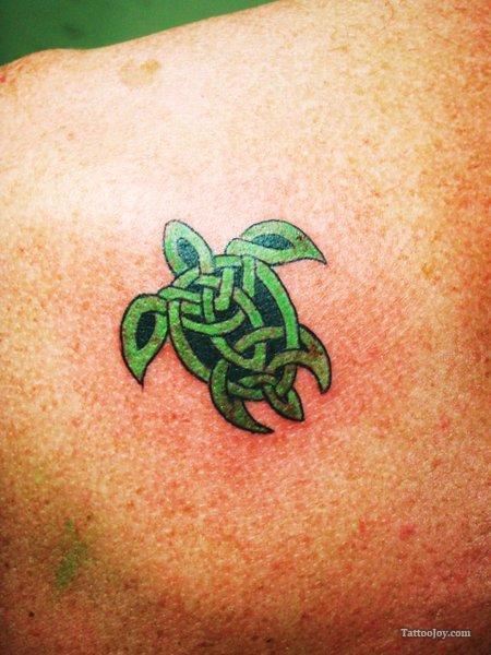Celtic Green Ink Turtle Tattoo On Left Back Shoulder