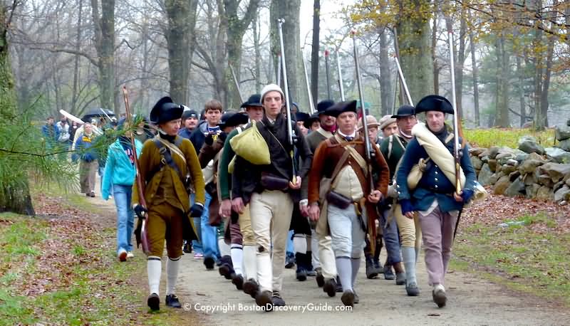 Colonial Reenactors March To Concord On Boston's Patriot Day Parade