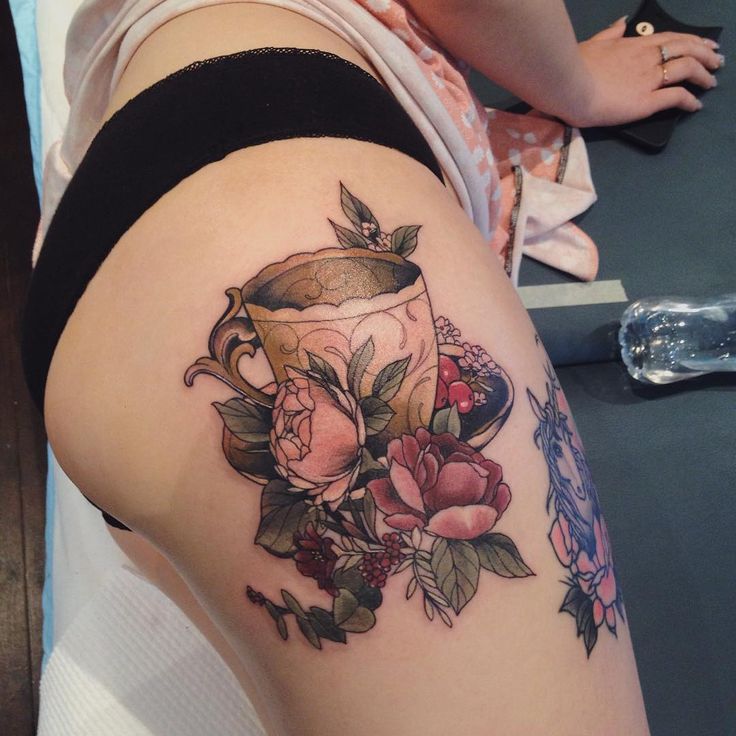 Color Flowers And Teacup Tattoo On Side Thigh