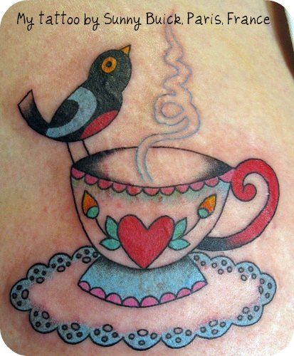 Color Ink Bird And Teacup Tattoo