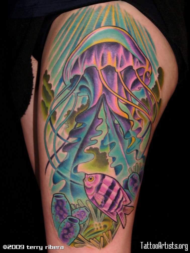Color Ink Fish And Jellyfish Tattoo On Side Thigh