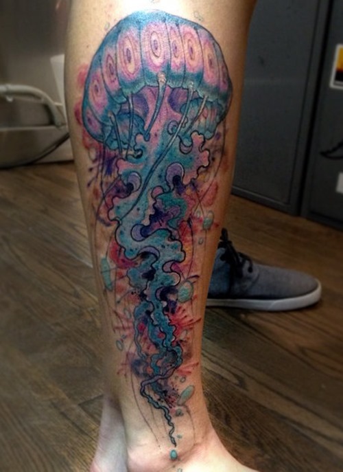 Color Ink Jellyfish Tattoo On Leg Sleeve