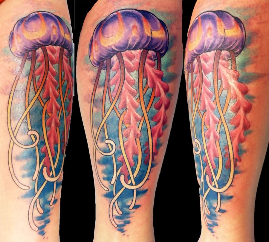 Color Ink Jellyfish Tattoo On Leg