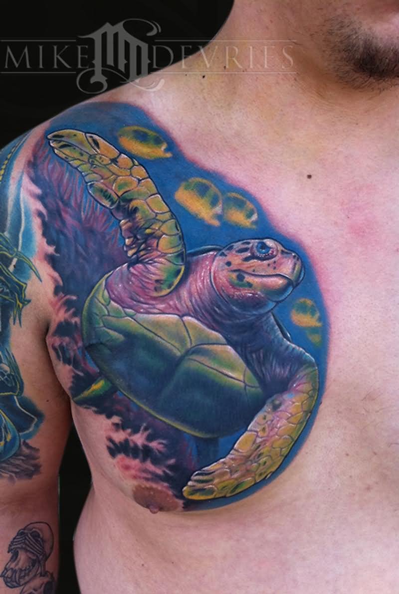 Colored 3D Turtle Tattoo On Man Front Shoulder