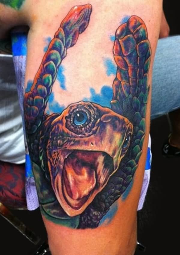 Colored Angry Turtle Tattoo On For men