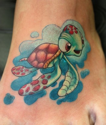 Colored Baby Turtle Tattoo On Left Foot