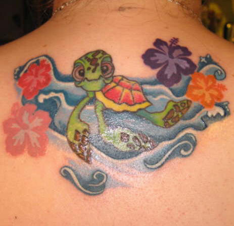 Colored Flowers And Turtle Tattoo On Upper Back