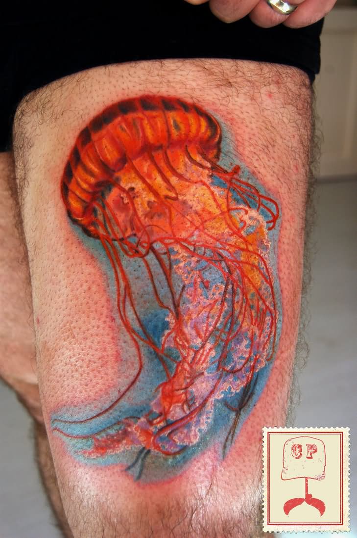 Colored Ink Jellyfish Tattoo On Side Thigh