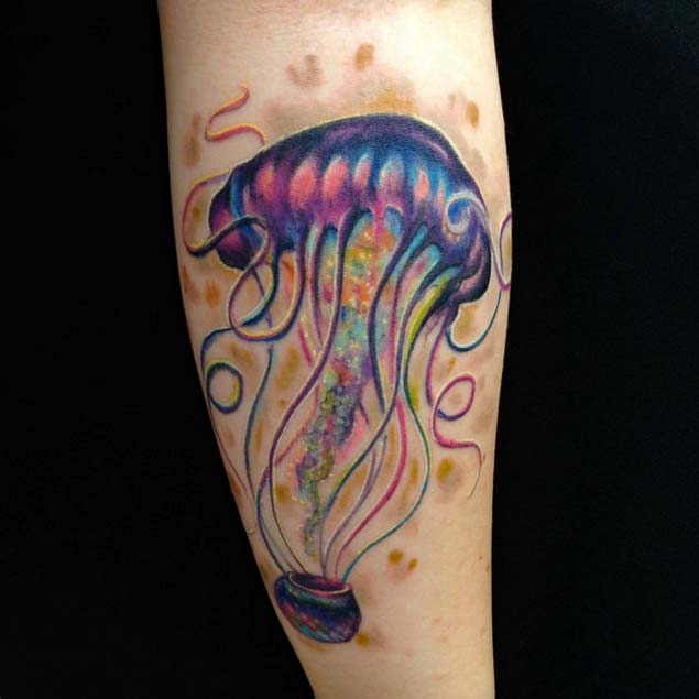 Colored Jellyfish Tattoo On Arm Sleeve