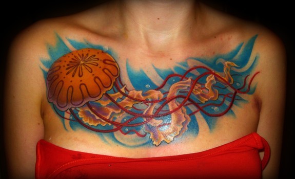 Colored Jellyfish Tattoo On Chest