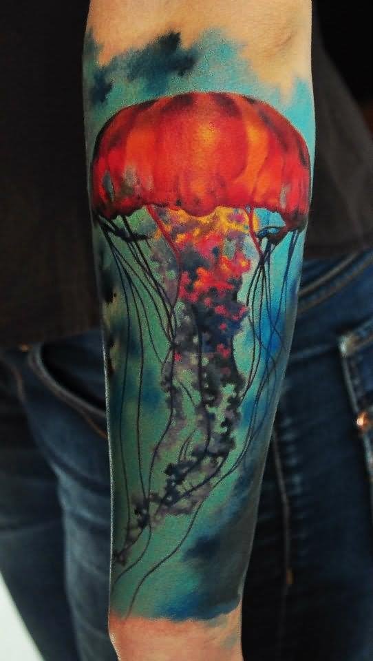 Colored Jellyfish Tattoo On Left Sleeve