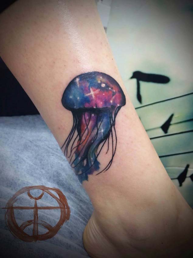 Colored Jellyfish Tattoo On Leg