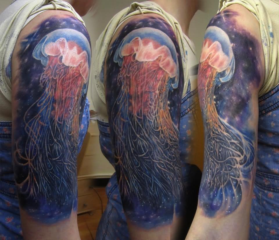 Colored Jellyfish Tattoo On Man Right Half Sleeve