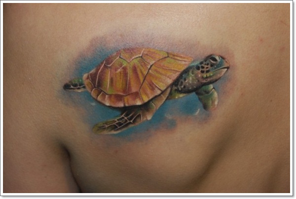 Colored Turtle Tattoo On Left Back Shoulder