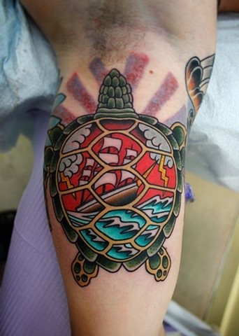 Colored Turtle Tattoo On Leg Calf