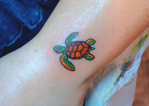 Colored Turtle Tattoos On Leg