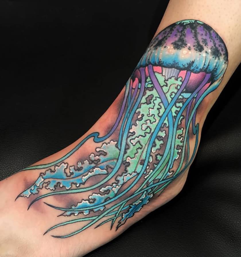 Colorful Jellyfish Tattoo On Ankle