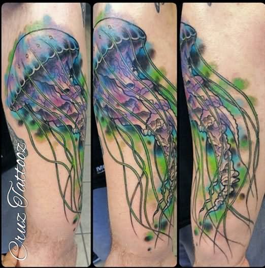 Colorful Jellyfish Tattoo On Arm Sleeve