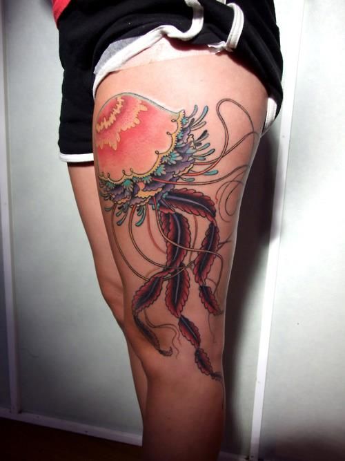 Colorful Jellyfish Tattoo On Girl Side Thigh