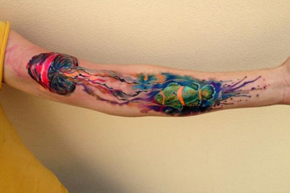 Colorful Jellyfish Tattoo On Left Full Sleeve