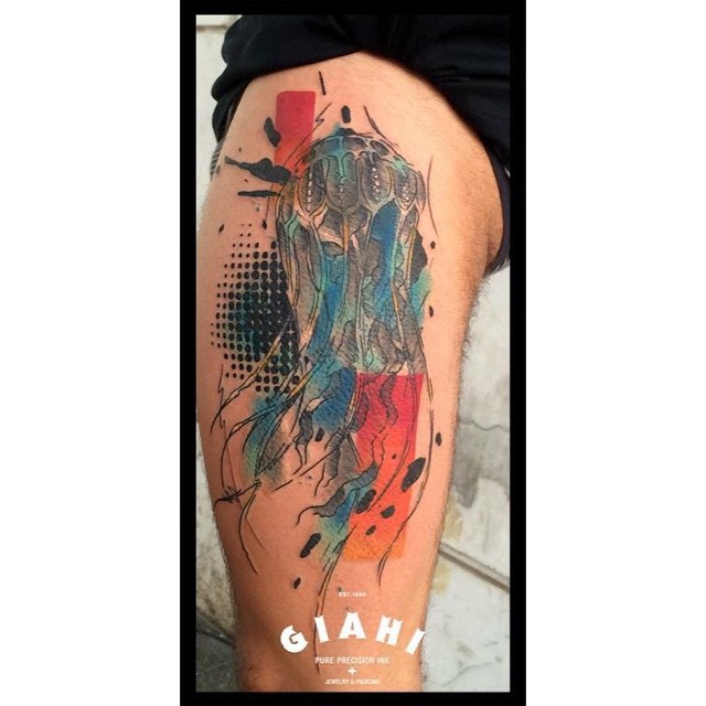Colorful Jellyfish Tattoo On Leg Sleeve