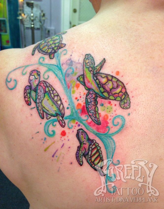 Colorful Turtle Tattoos On Back Shoulder