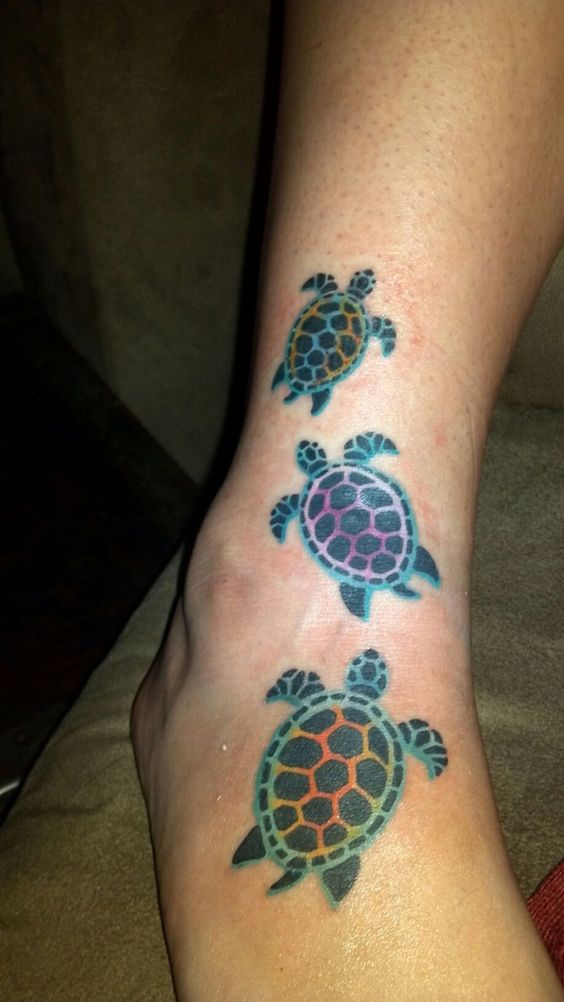 Colorful Turtle Tattoos On Ankle
