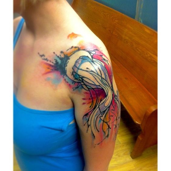 Colorful Watercolor Jellyfish Tattoo On Girl Left Shoulder