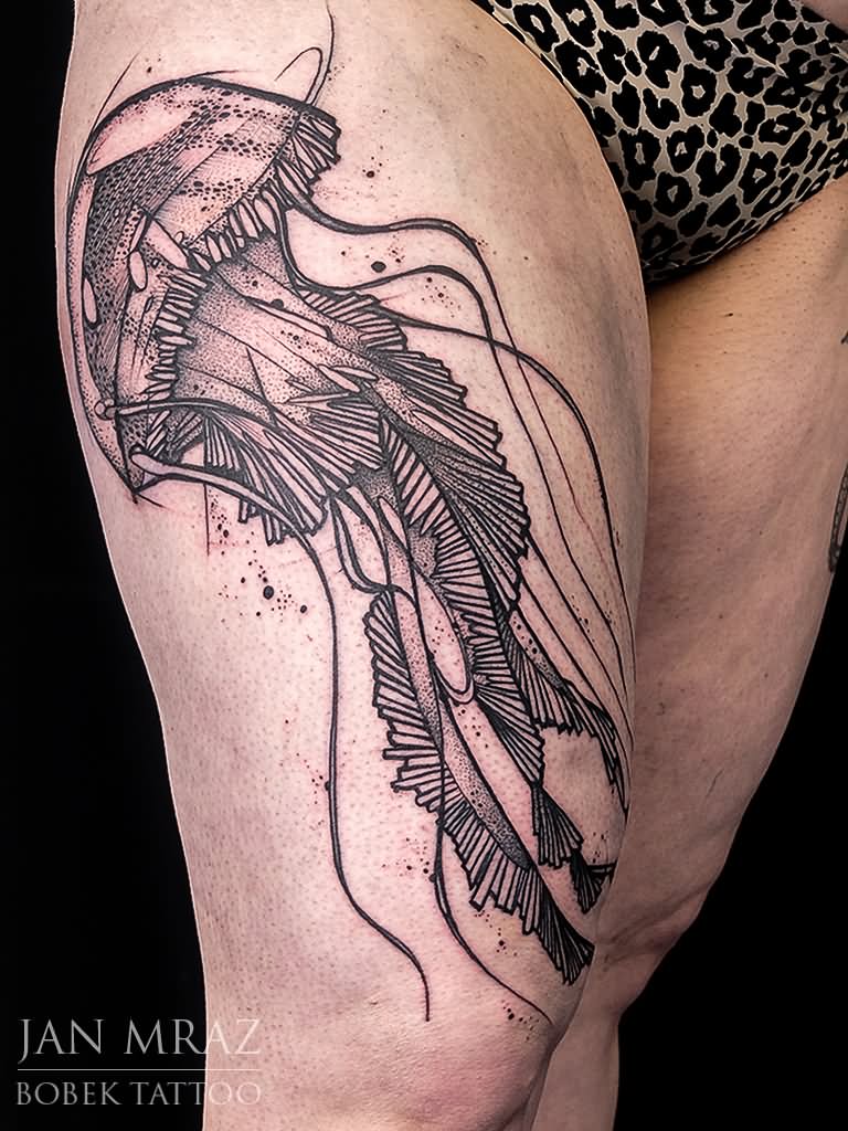 Dotwork Jellyfish Tattoo On Right Thigh by Jan Mraz