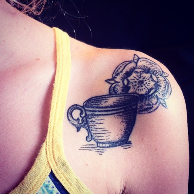Flower And Teacup Tattoo On Left Shoulder