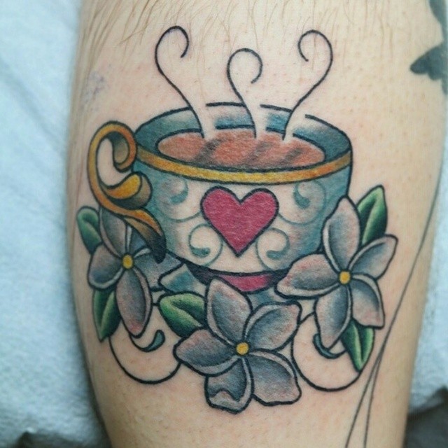 Flowers And Teacup Tattoos On Leg