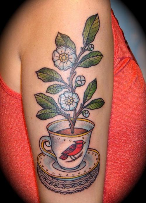 Flowers Plant In Teacup Tattoo On Half Sleeve