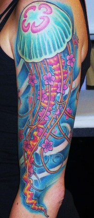Girl Left Sleeve Jellyfish Tattoo