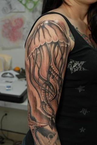Girl Right Sleeve Jellyfish Tattoo