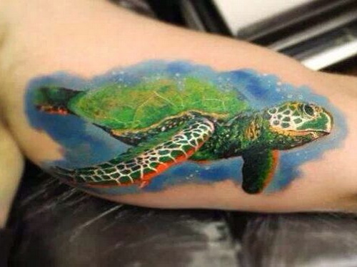 Green Ink Turtle Tattoo On Leg