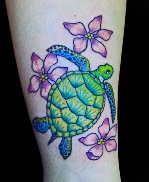 Green Turtle Tattoo Design For Leg