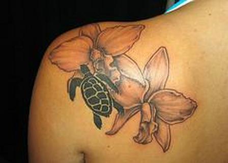Grey Flower And Turtle Tattoo On Left Back Shoulder