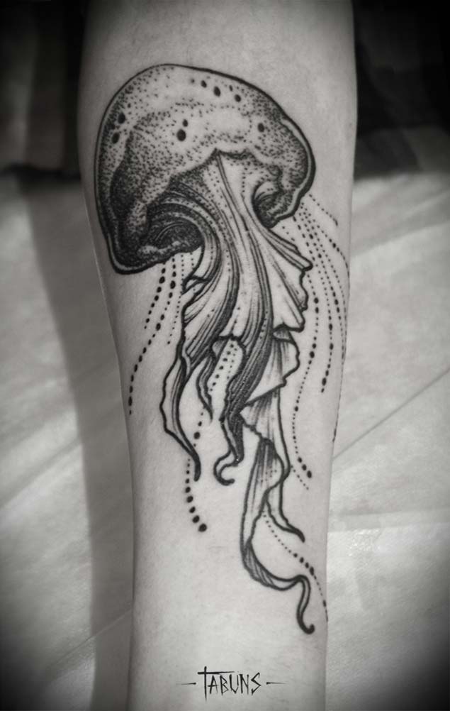Grey Ink Dotwork Jellyfish Tattoo On Forearm