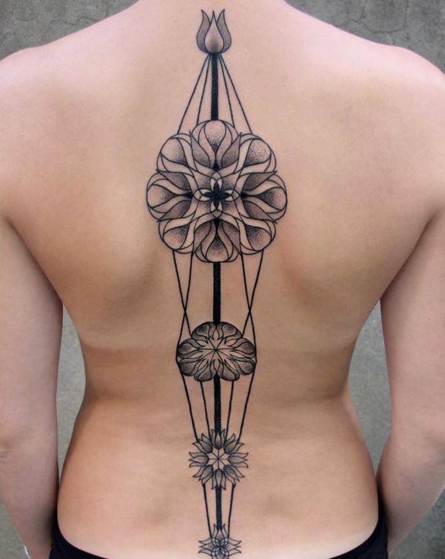 Grey Ink Geometric Tattoo On Back by Chaim Machlev