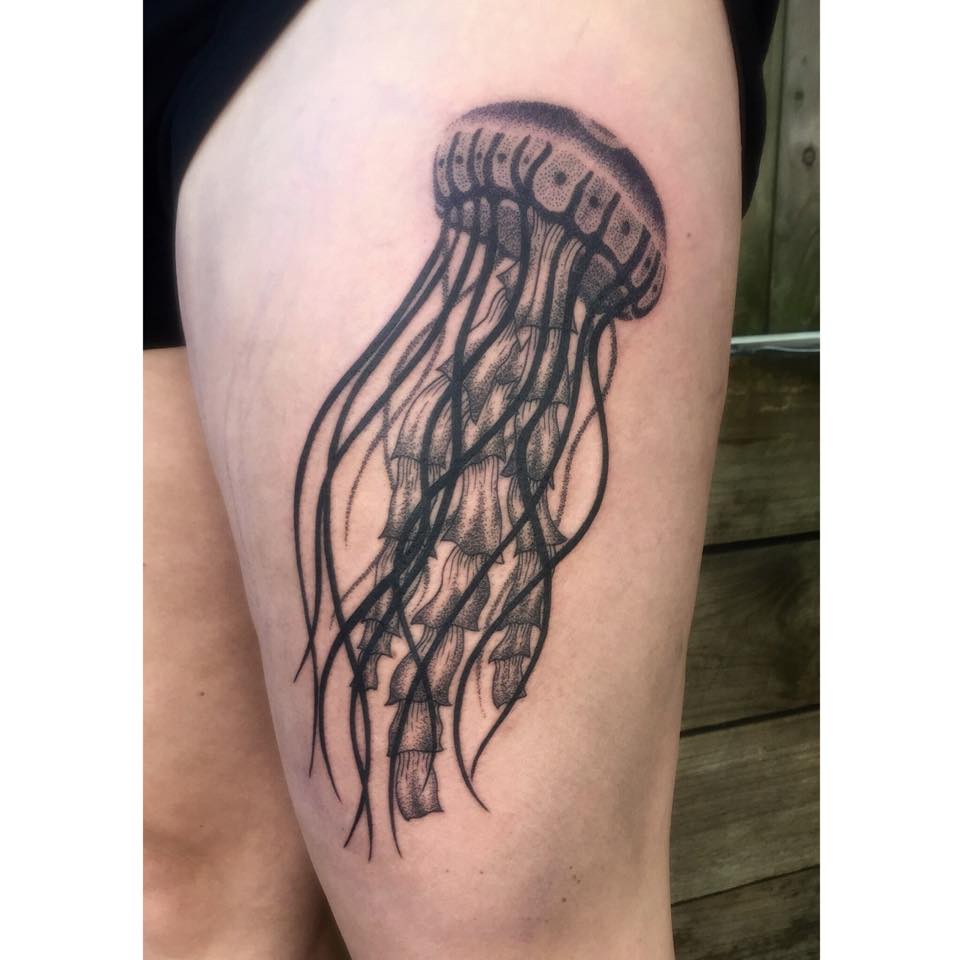 Grey Ink Jellyfish Tattoo On Left Thigh