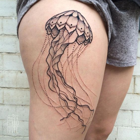 Grey Ink Jellyfish Tattoo On Right Thigh For Girls