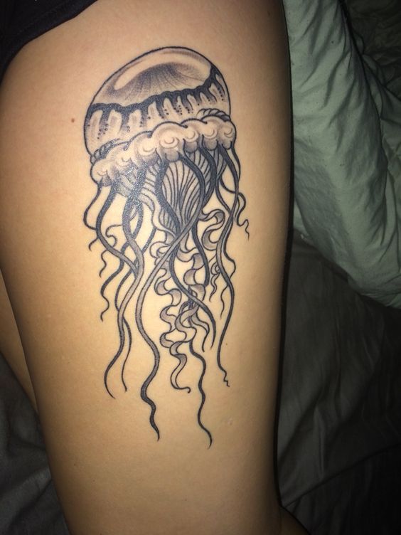 Grey Ink Jellyfish Tattoo On Side Leg