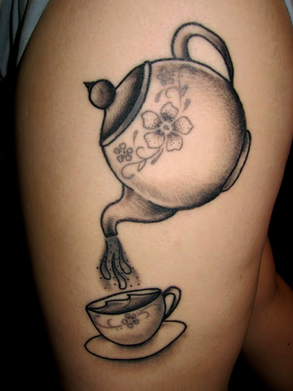 Grey Ink Teapot And Teacup Tattoo On Side Thigh