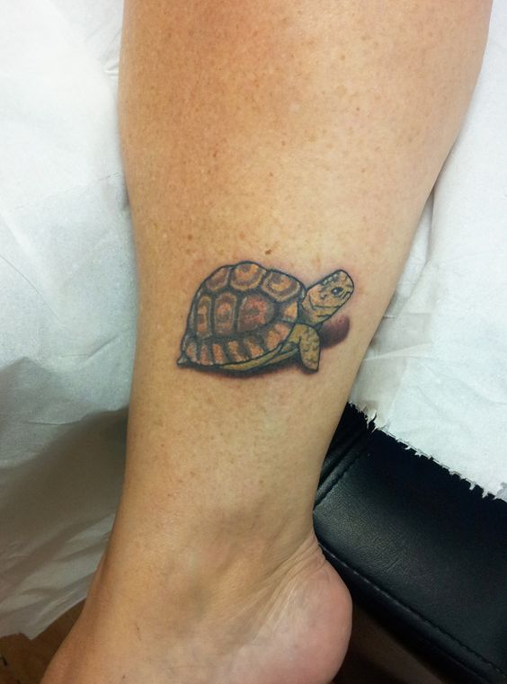 Grey Ink Turtle Tattoo On Leg