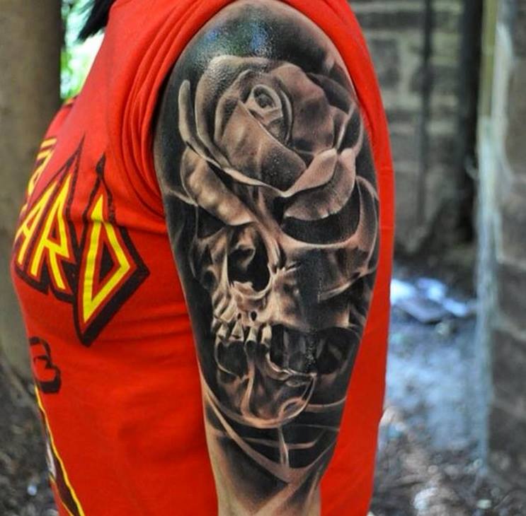Grey Rose And Skull Tattoo On Left Half Sleeve by Damian Gorski
