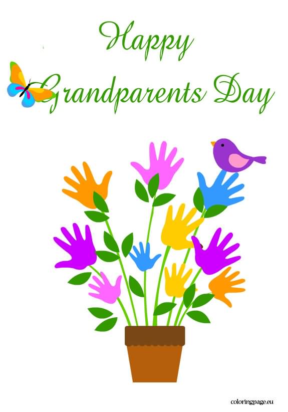 Happy Grandparents Day Flower Pot And Bird Clipart
